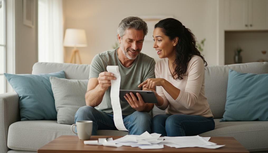 A middle-class couple at home reviewing grocery receipts and a budget app on their tablet, identifying spending patterns to better understand personal income elasticity in daily life.
