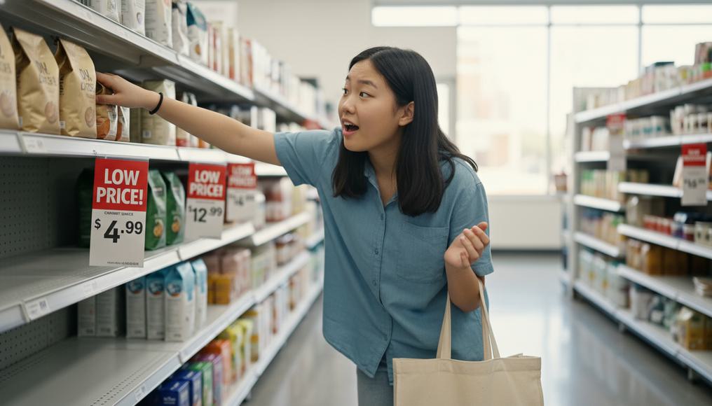 A relatable scene of a young shopper facing familiar price surprises, highlighting consumer behavior in economics for A-level students.