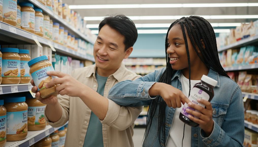 Shoppers selecting joint demand items like spreads and bread, showcasing relationships between markets in everyday consumer choices for economics insights.