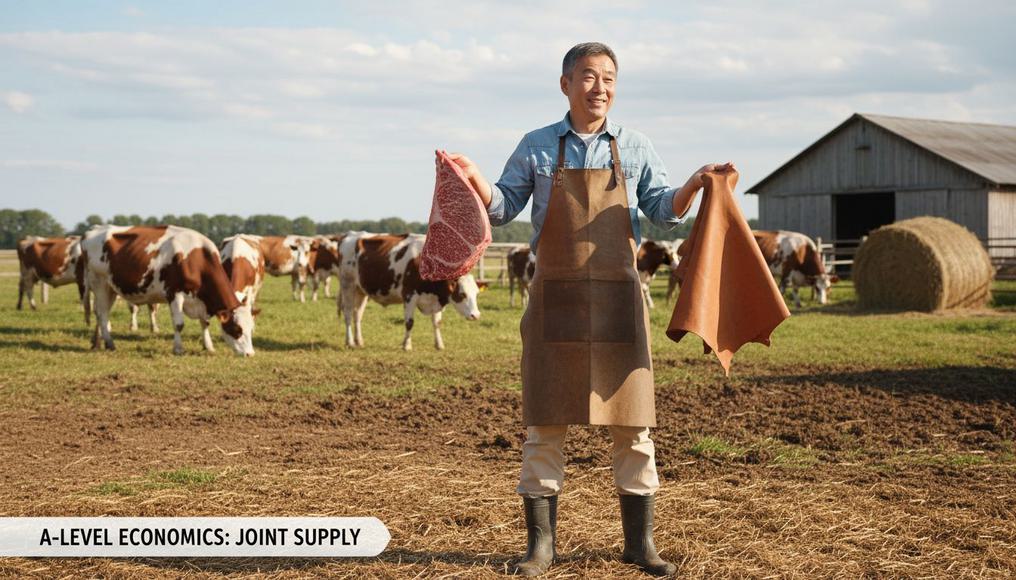 A realistic depiction of interconnected production in agriculture, highlighting beef and leather as joint products in economics.