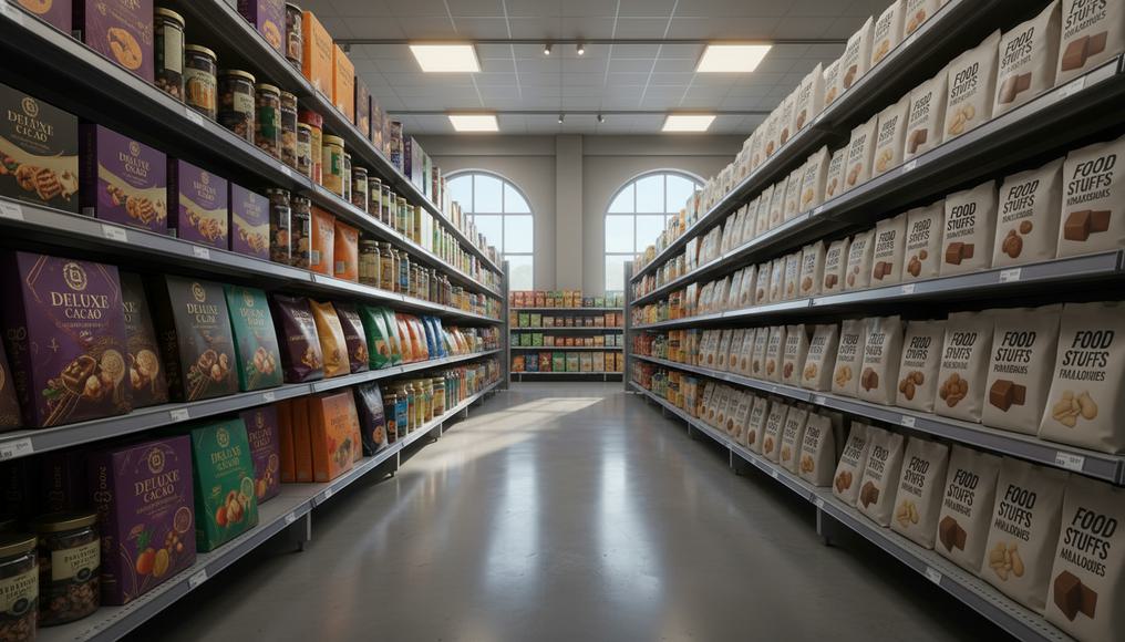 A well-stocked market shelf showcasing premium snacks alongside generic brands, highlighting how rising incomes shift consumer preferences from affordable staples to higher-end choices in everyday economics.