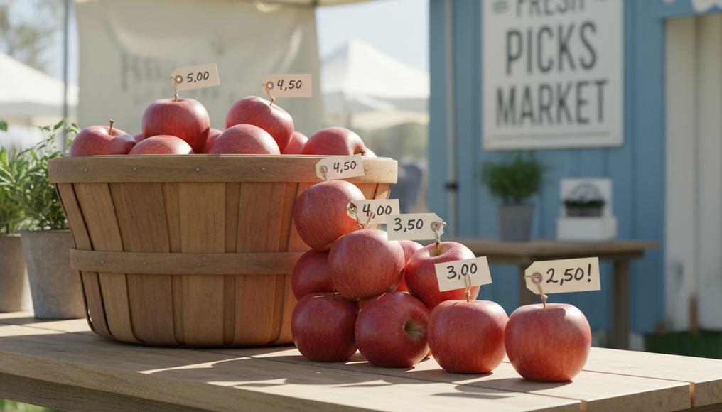 Scene of consumer choices with apples at varying prices, demonstrating utility-derived demand in A-Level Economics without diagrams