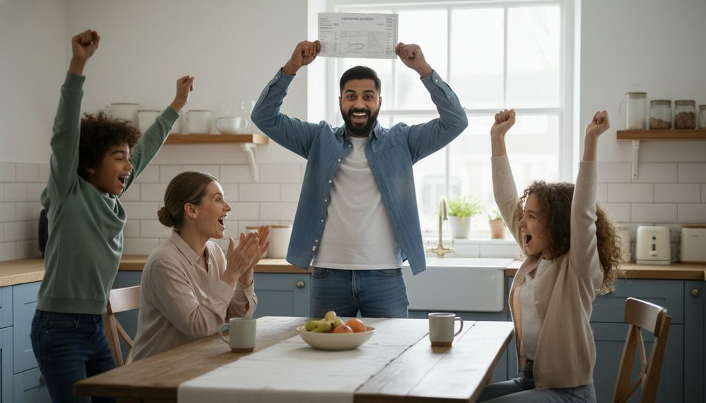 Diverse household triumphantly reviewing a reduced utility bill due to government price caps, demonstrating effective intervention tools.