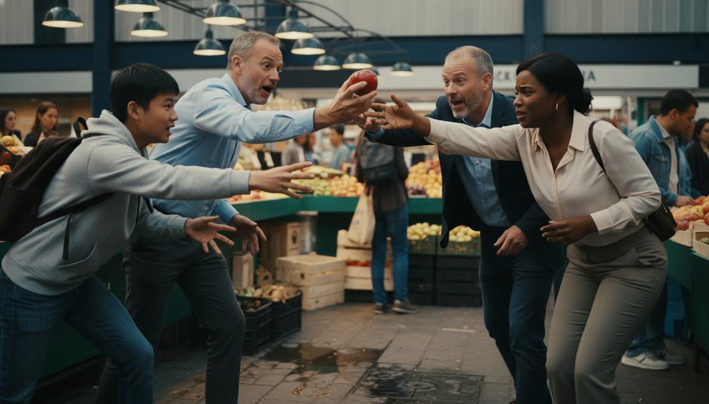 Everyday scene of market efficiency with private goods, showing rivalry and excludability in consumer choices like buying limited items.