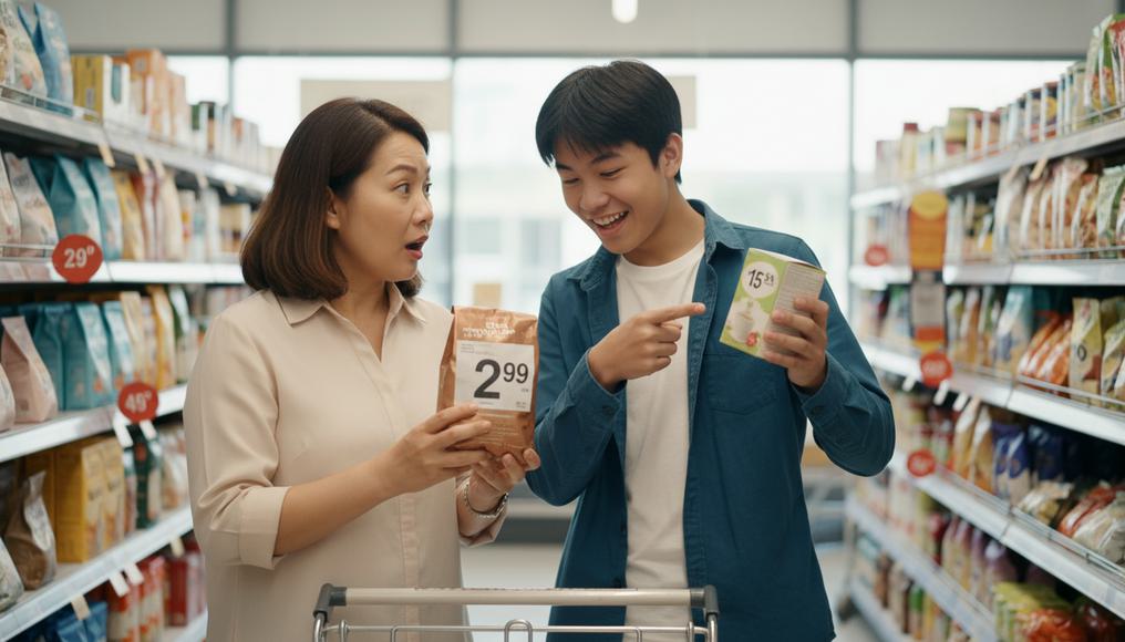 A diverse family in a grocery store reacting to price changes on coffee, highlighting everyday economic decisions.