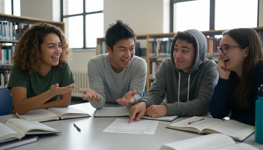 Group of A-level learners pondering common PED questions, fostering engagement with economic concepts through dialogue.