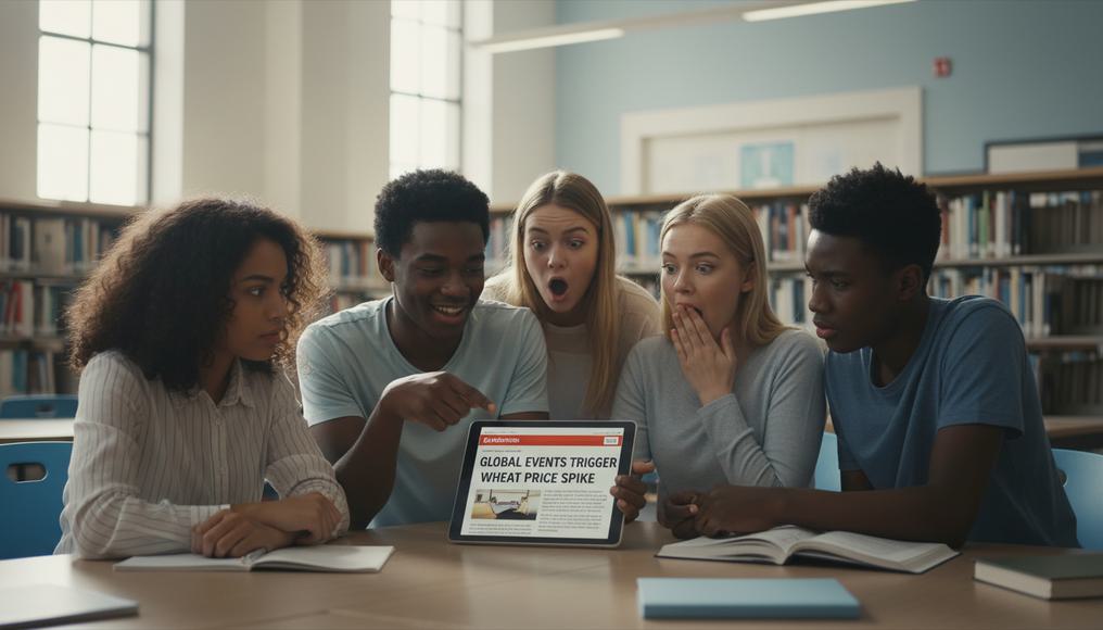 Diverse A-Level students reacting with surprise to a news article on wheat price surges, highlighting the practical value of price elasticity of supply in economics.