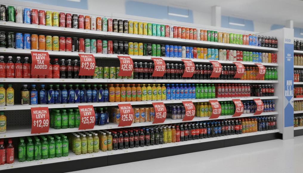Close-up stock photo of supermarket shelves with demerit goods like sugary drinks bearing tax labels, illustrating government intervention to curb over-consumption.