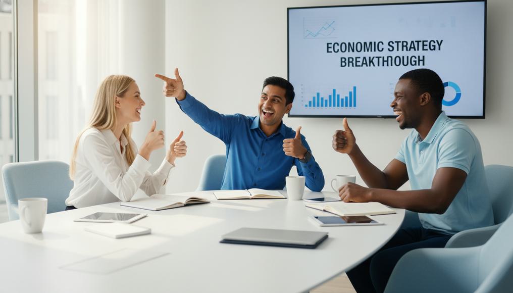 A group of professionals in a conference room discussing revenue forecasts, using income trends to guide product launches and pricing, essential for agile business planning in fluctuating economies.