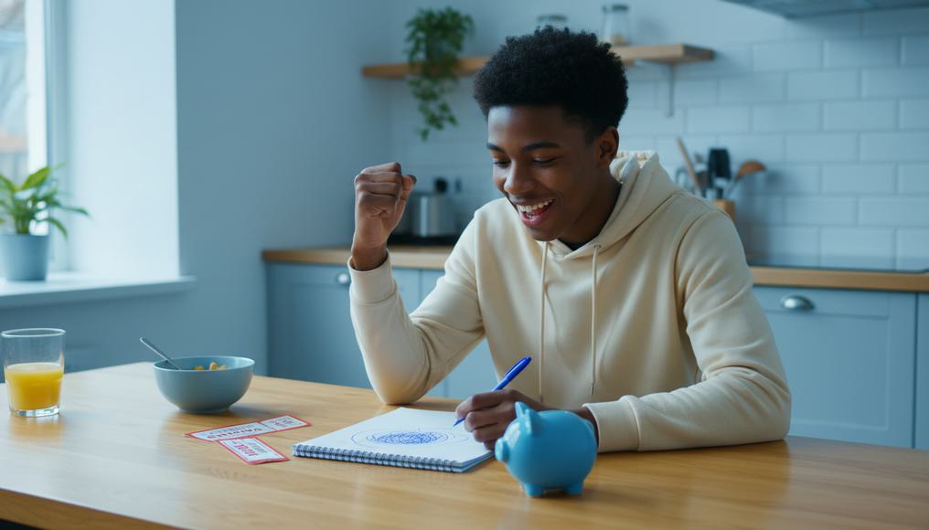 An everyday teenager at a kitchen table, jotting numbers on a notepad next to cinema ticket stubs, with a triumphant smile as they figure out how extra allowance boosts entertainment spending.
