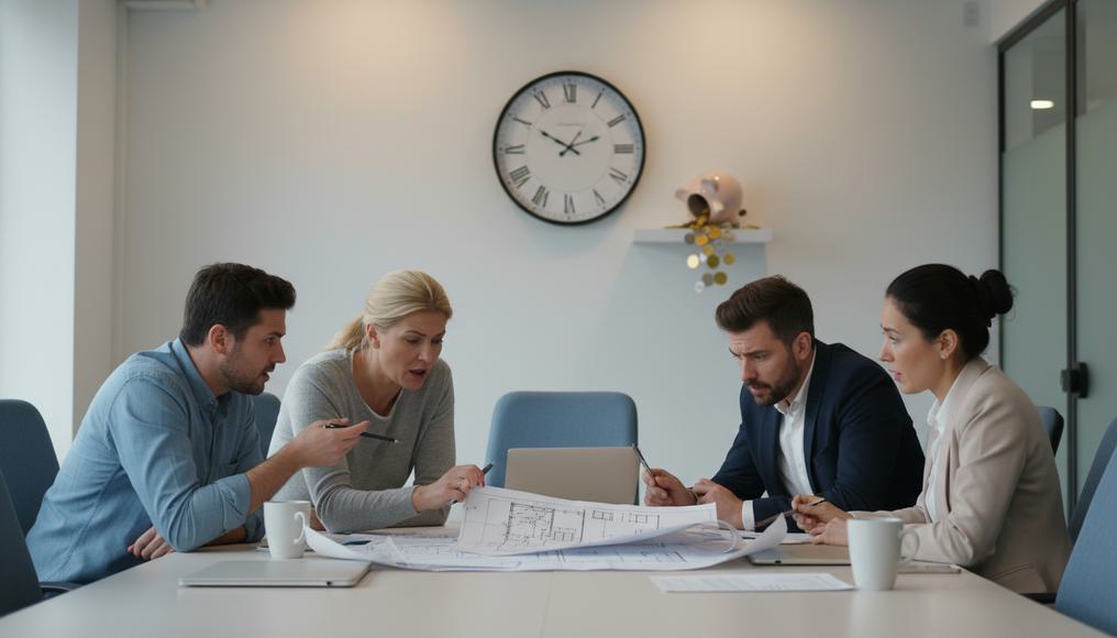 A diverse group of professionals looking perplexed at a complex, tangled project blueprint, surrounded by clocks and a piggy bank with some coins falling out, symbolizing the time lags, costs, and potential drawbacks of supply-side policies.