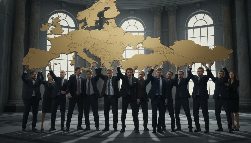 ECB Crisis Intervention: A group of diverse European central bank officials, in a dramatic pose, stabilizing a stylized map of the Eurozone that appears to be on the verge of falling apart, symbolizing their intervention during the debt crisis.