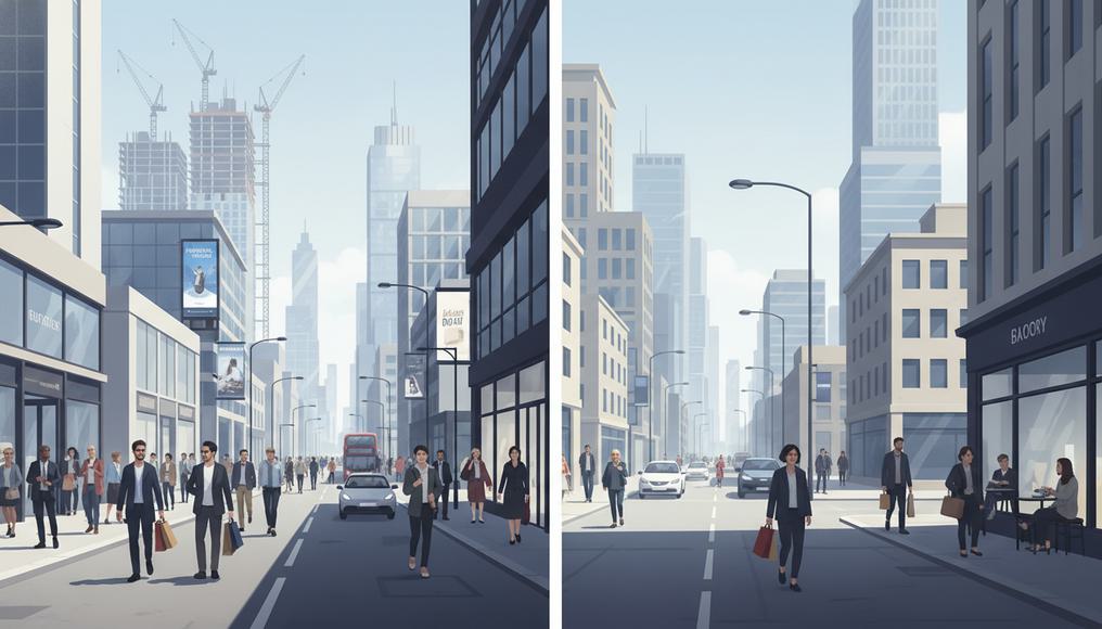 Economic Ebb and Flow: Two contrasting scenes depicting expansionary and contractionary monetary policies: one with vibrant economic growth (expansionary) and another with a slowdown for curbing inflation (contractionary).