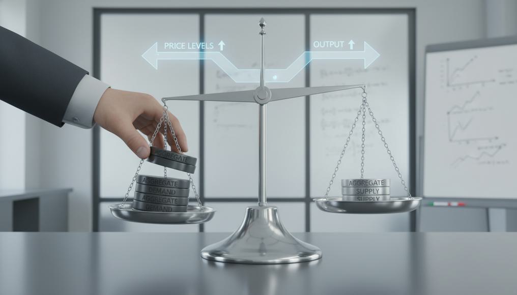 Economic Equilibrium Shift: A visual metaphor of an economic seesaw or balance scale illustrating the shifts in aggregate demand and supply due to monetary policy, affecting price levels and output.