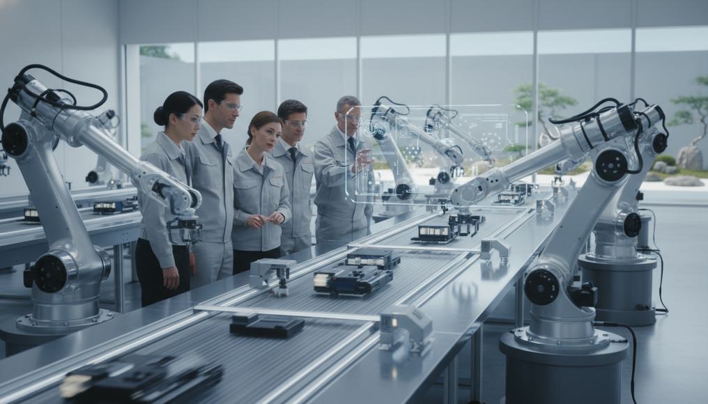 A modern, bustling factory floor with advanced robotics, efficient conveyor belts, and diverse professional workers collaboratively inspecting processes, symbolizing an economy upgraded by supply-side policies for increased productivity and capacity.