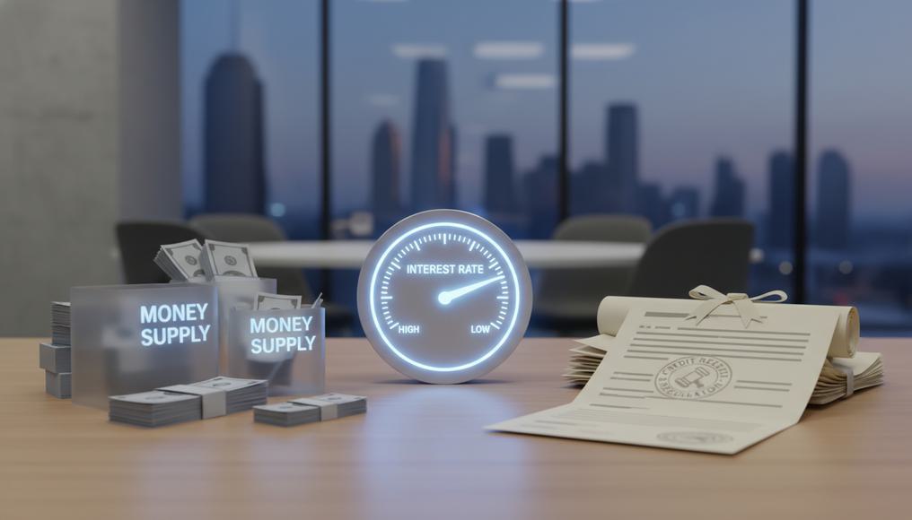 Monetary Policy Tools: A close-up of various monetary policy tools, such as interest rate dials, money supply indicators, and credit regulation documents, arranged neatly on a polished desk.